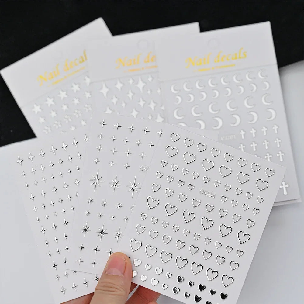 Metal Silver Nail Stickers Metallic 3D Star Nail Art Stickers Decals Self-Adhesive Nail Art Stickers Metal Chain Heart