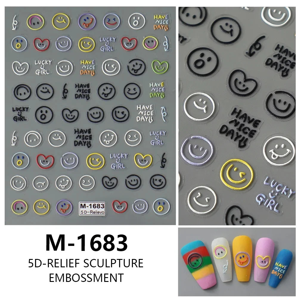 5D Exquisite Smiling Face Nail Stickers Embossed Japanese Macaron Nail Art Self-Adhesive Decorations Accessories DIY