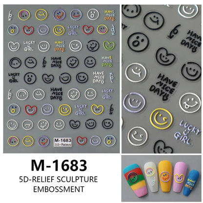 5D Exquisite Smiling Face Nail Stickers Embossed Japanese Macaron Nail Art Self-Adhesive Decorations Accessories DIY