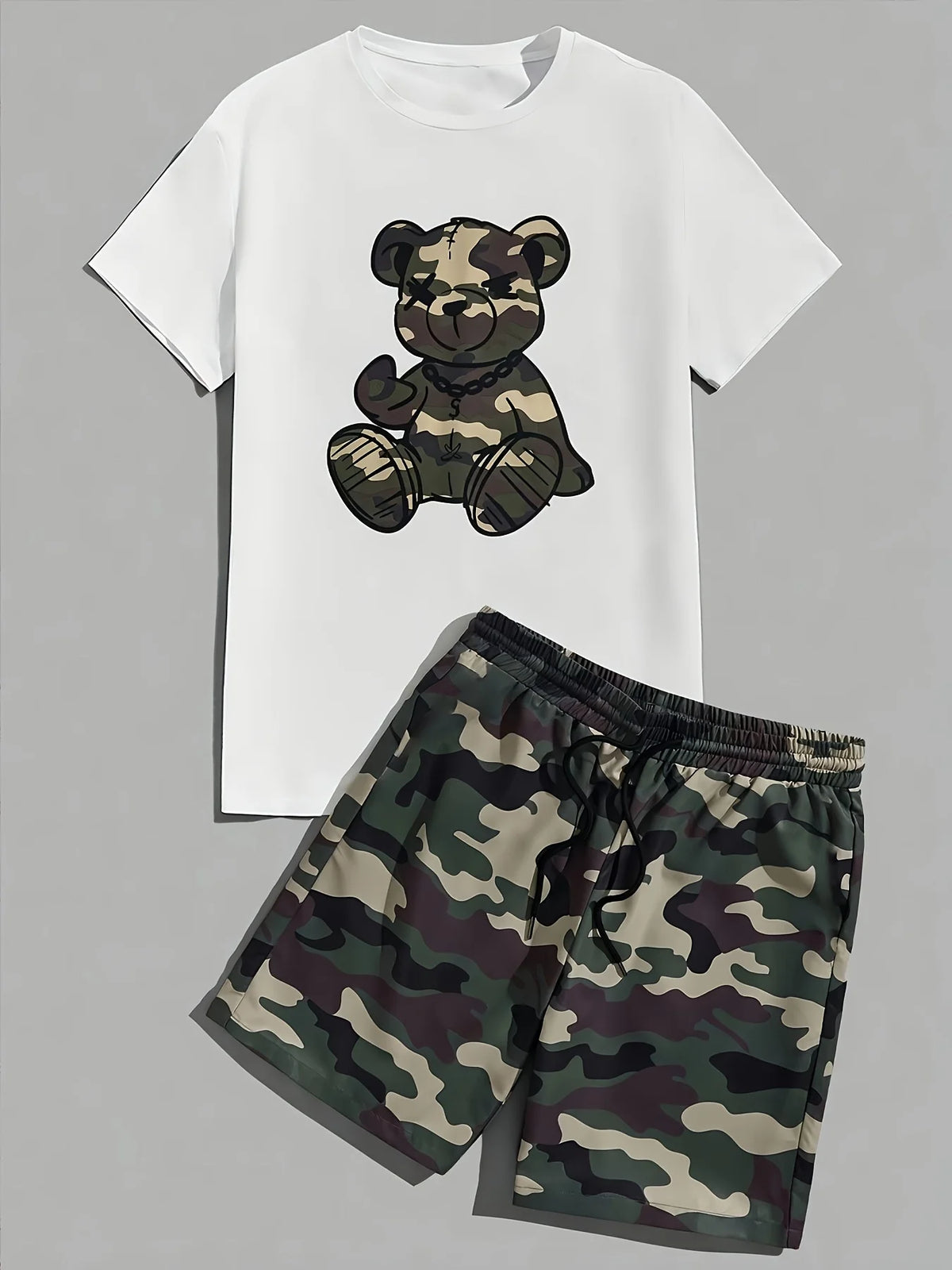 2026 Summer Casual Short-Sleeve Fashionable Breathable Sports Set Loose-Fit Quick-Dry Men's Short-Sleeve Hip-Hop Bear Print Set
