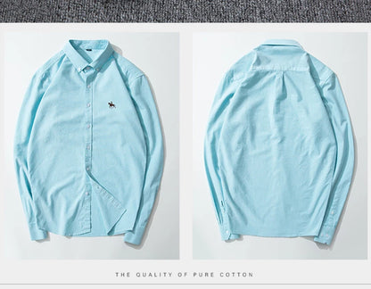 Casual Pure Cotton Oxford Mens Shirts Long Sleeve Embroidery Horse Design Regular Fit Fashion Button Man White Dress Shirt