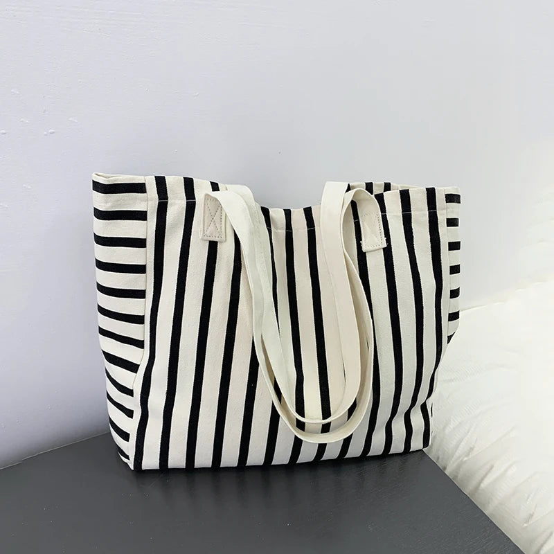 Striped Canvas Bag Beach Handbag Fashionable Women's Canvas Summer Large Capacity Shoulder Bag