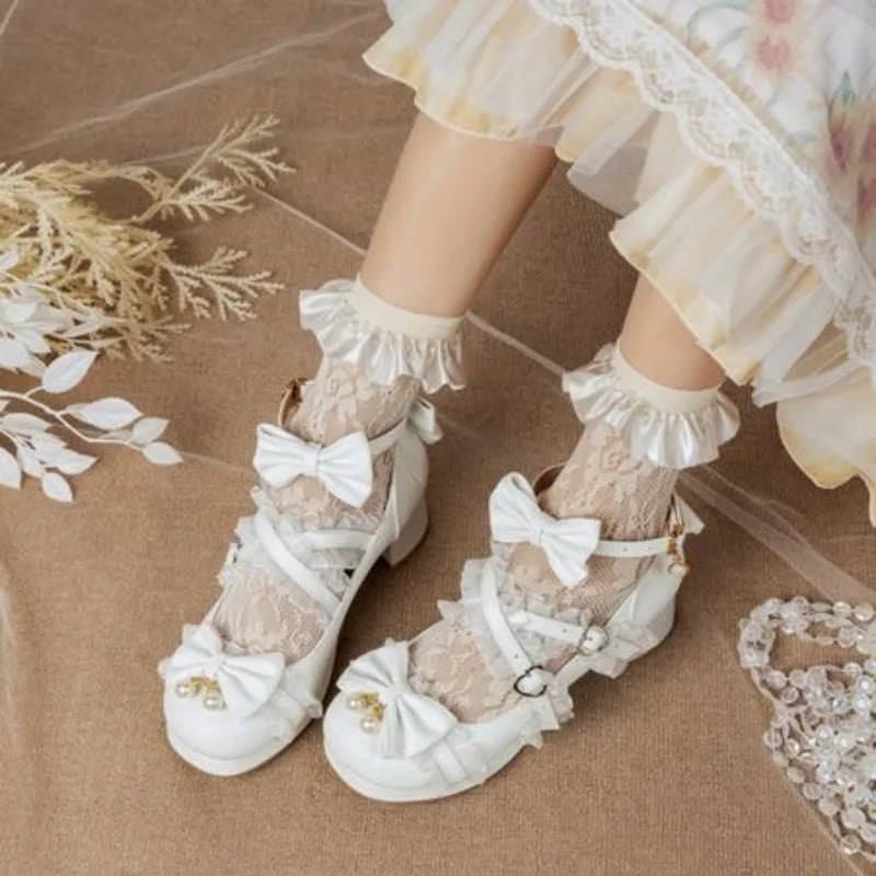 NASBAVI White Lace Bow Cosplay High Heels Women Cross Strap Buckle Platform Mary Jane Shoes Female Party Princess Lolita Pumps