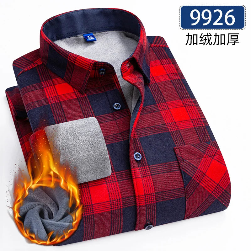 Autumn Winter Thicken Fleece Shirts For Men Business Plaid Shirt Long Sleeve Warm Clothes Male Single Pocket Classic Check Shirt