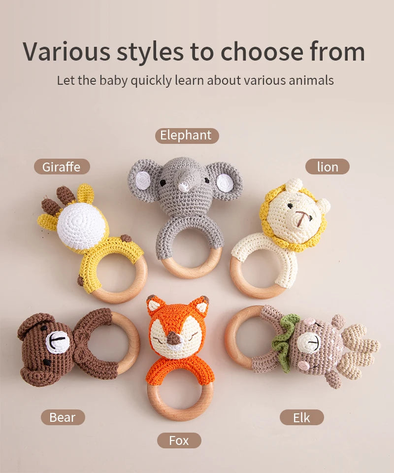 1pc Baby Teether Music Rattles for Kids Animal Crochet Rattle Elephant Giraffe Ring Wooden Babies Gym Montessori Children's Toys