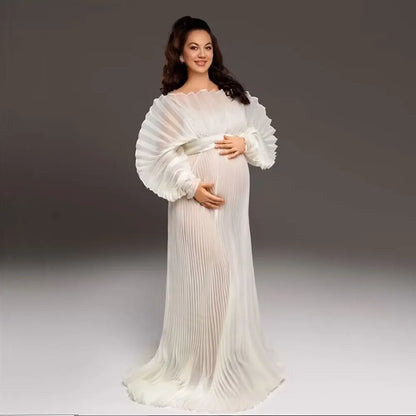 Fashion Organza Pleated Maternity Dress for PhotoShoot Pregnancy White Dress Plus Size Photography and Maternity Dresses YEWEN
