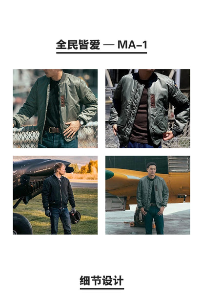 Maden Vintage MA1 Pilot Jacket Green Thickened Cotton-padded Jacket Casual Baseball Pockets Flight Zipper Outwear for Men's Fall