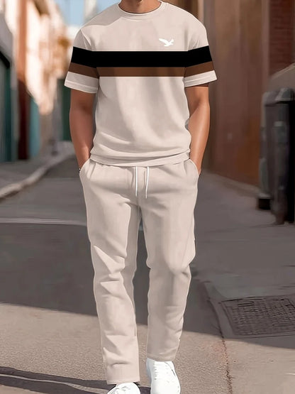 3D Navy Anchor Pattern Men's Set Summer Crew Neck Short Sleeve Shirt With Casual Trousers Two-Piece Set Casual Men's Set