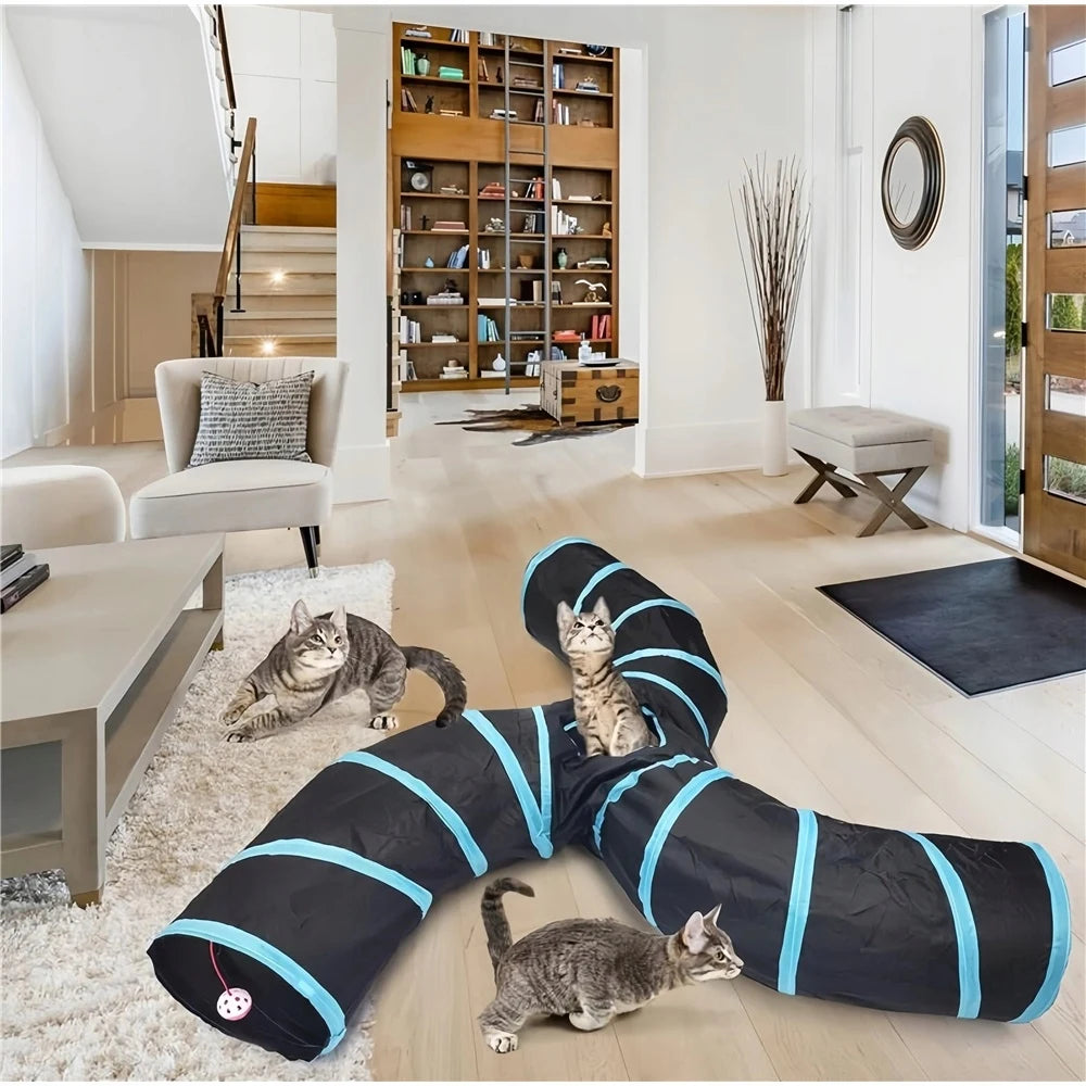 Foldable T-Shaped Large Cat Tunnel Interactive Play Toy Indoor Outdoor Pet Training Entertainment Accessory