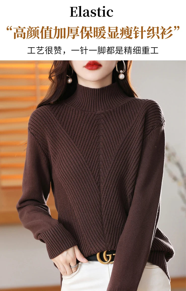 Women 100% Cotton Knit Sweater Half-high Collar Stripe Pullover Autumn Winter Thickened Bottoming Clothing Casual Knitted Tops