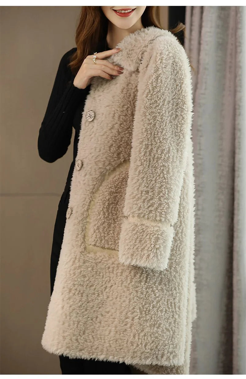 Female Winter Slim Grain Wool Middle Long Coat Women New Middle-Aged And Elderly Cashmere Thickened Imitation Lamb Wool Overcoat