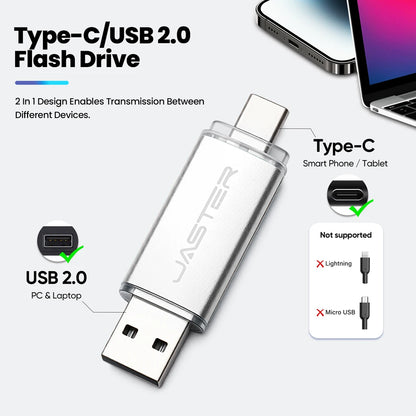 TYPE-C 2-in-1 USB 2.0 Flash Drive 64GB 512MB Real Capacity Memory Stick High Speed for Mobile Phones and Computers Business Gift