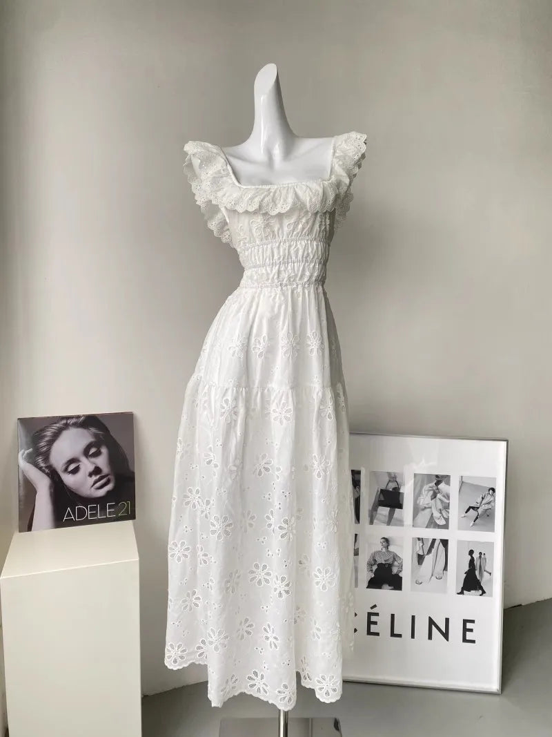 White Embroidered Hollow Out Dress For Women'S Summer Strapless Square Neck With A Unique Open Back Design, Slim Fit Long Skirt