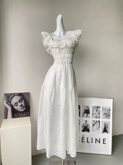 White Embroidered Hollow Out Dress For Women'S Summer Strapless Square Neck With A Unique Open Back Design, Slim Fit Long Skirt
