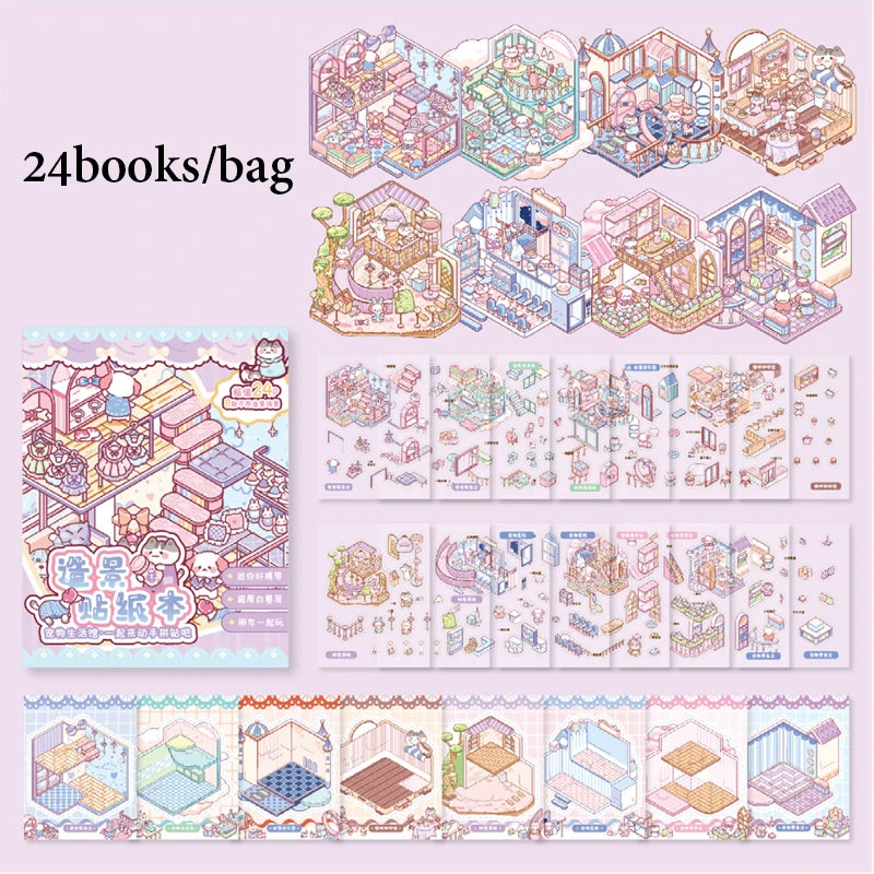 24pcs/bag zoo small class meow wow wonderland series scenery sticker book three-dimensional scene miniature sticker handbook DIY
