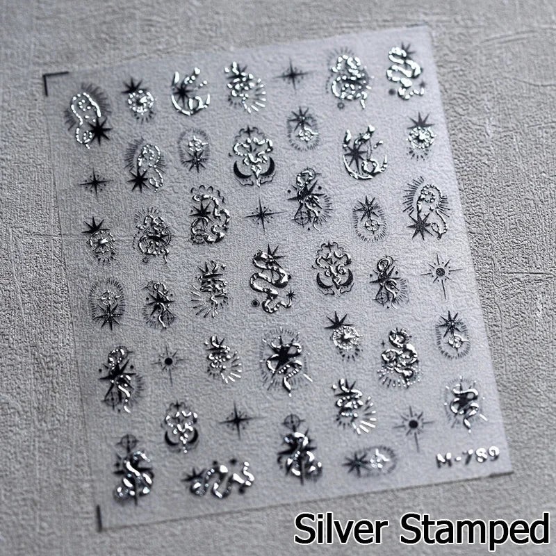5D Gold Stamped Silver Sun Stars Snake Nail Art Stickers Totems Reliefs Self Adhesive Dark Chinese Style Manicure Decals