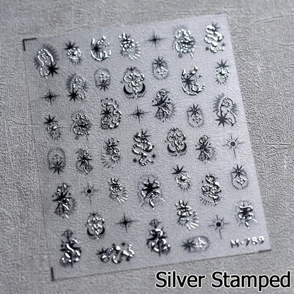 5D Gold Stamped Silver Sun Stars Snake Nail Art Stickers Totems Reliefs Self Adhesive Dark Chinese Style Manicure Decals