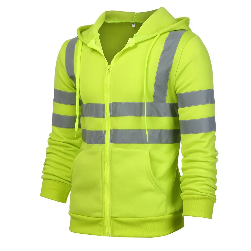 Men Reflective Strip Hoodies Casual Fit Work Safety Jackets Autumn Thin Fleece Hooded Zipper Sweatshirt Coats Workwear For Men