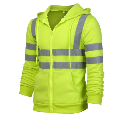 Men Reflective Strip Hoodies Casual Fit Work Safety Jackets Autumn Thin Fleece Hooded Zipper Sweatshirt Coats Workwear For Men