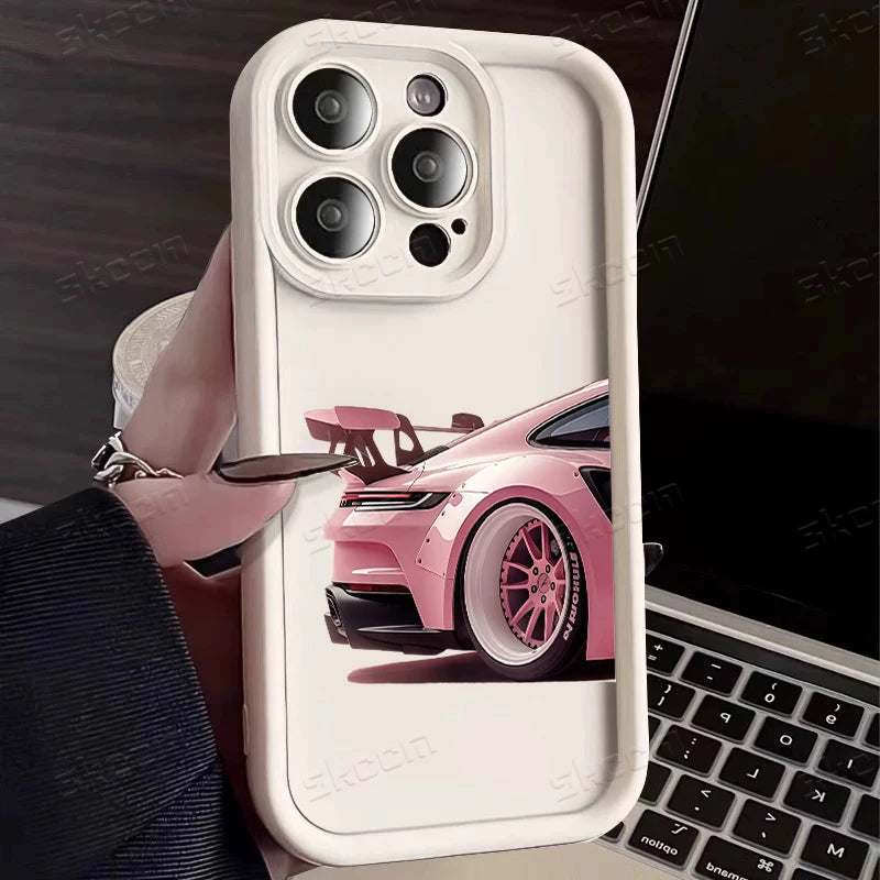 Fashion Pink Car Pattern Silicone Phone Case For iPhone 17 16 15 14 13 12 11 Pro Max 17 Air XS XR 7 8 Plus 16e Shockproof Cover