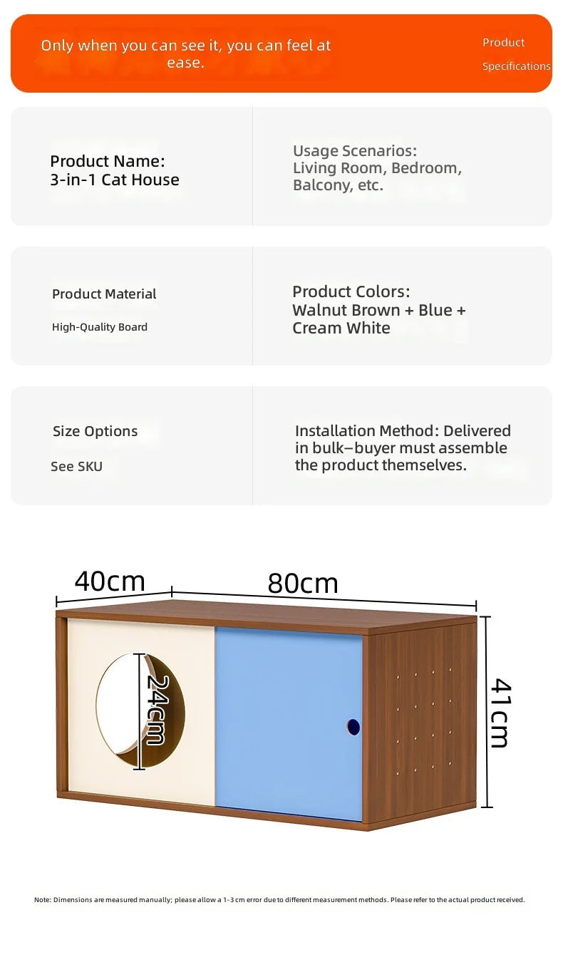 Triple-Function Cat House with Litter Box & Storage,Human-Pet Shared Furniture,Cat Tree Hut, Indoor Cat Den,Multi-Level Cat Fort