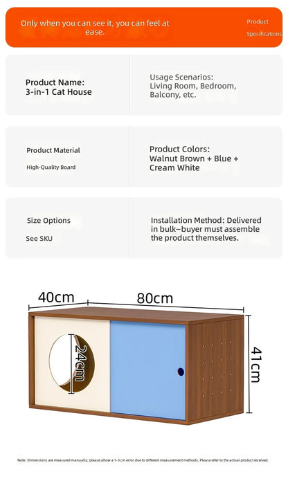 Triple-Function Cat House with Litter Box & Storage,Human-Pet Shared Furniture,Cat Tree Hut, Indoor Cat Den,Multi-Level Cat Fort