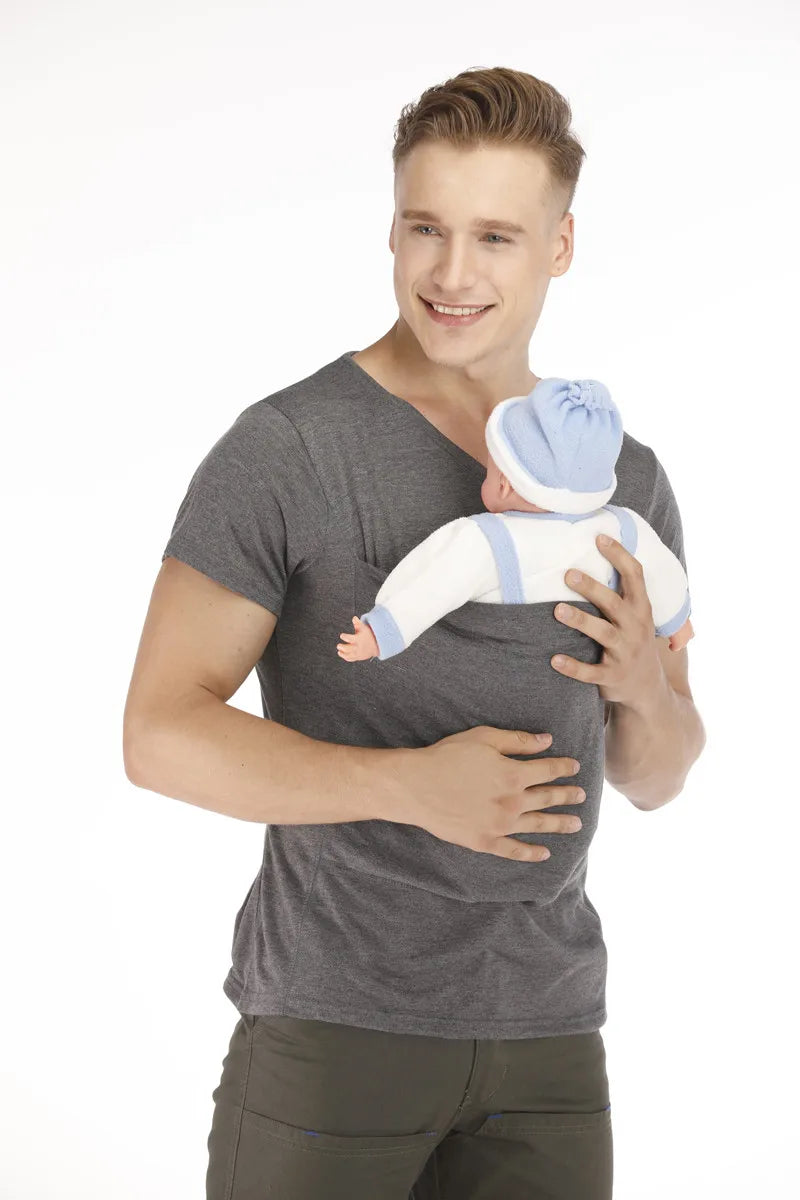 Safety Kangaroo Pocket T-Shirt Baby Carrier Summer Pregnancy Clothes Mother Father Short Sleeves Tops Feeding Nylon Cotton Tees