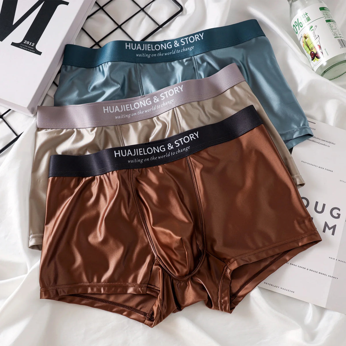 1/3Pcs Breathable Thin Satin Silk Boxer Briefs Seamless Mid Waist Ice Silk Boxers Underpants Smooth Underwear for Men Daily