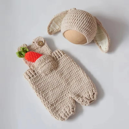 Cute Bunny Costume Newborn Photography Outfits Soft Knitted Rabbit Shape Hat and Jumpsuits with Carrot Clothes Baby Photo Props
