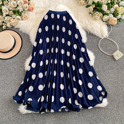 2026 Pleated Skirt Elastic Waist Polka Dot Fashion Printed Slim Pleated Skirt Women's Summer New Beach Vacation Mid-length Skirt