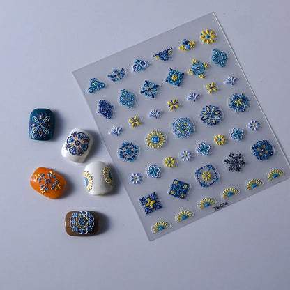 1PC Bohemia Nail Art Stickers 5D Bohemia Nail Sticker Decal Abstract Design Retro Blue Yellow Flower Self Adhesive Nail Supplies