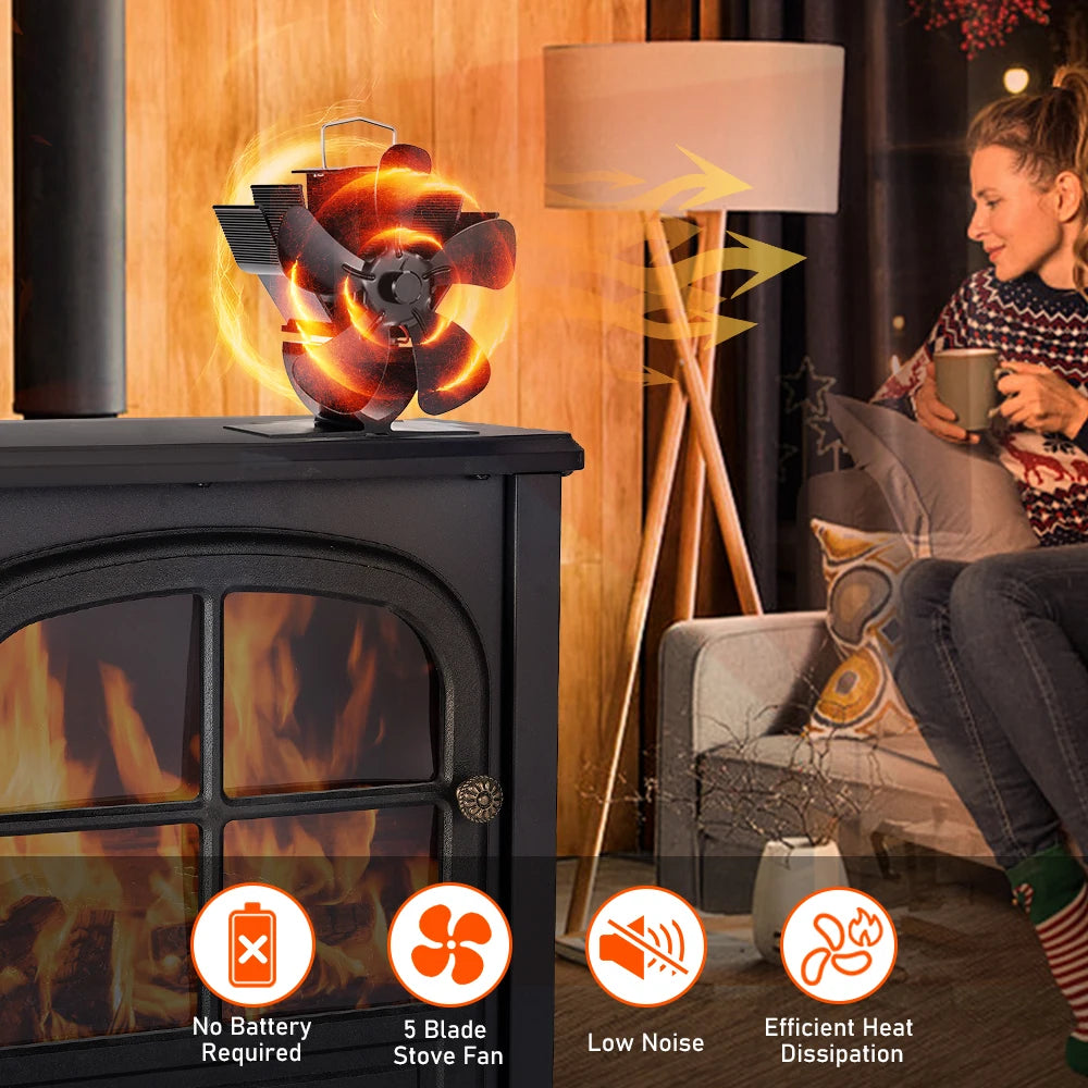 Mini Stove Fan Heat Powered Fireplace Fan Log Wood Burner Eco-fan Quiet 5 Blade Fireplace Fan Home Winter Warm Heat Distribution