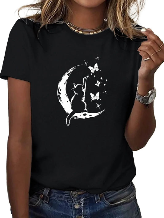 Women's Soft T-Shirt with Stylish Cat Moon Illustration print Comfort Fit Crew Neck Short Sleeve Casual summer fashion Clothing