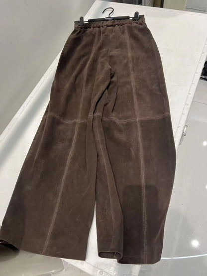 Retro Suede Leather Cropped Pants for Women Femae Genuine Leather Wide Leg Floor Long Trousers Straight Cylinder Spodnie Damskie