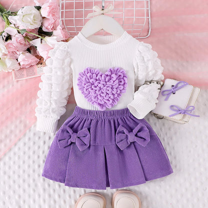 0-3Y Baby Girl Outfit Set 2pcs Puffy Sleeve Heart Shape Top and Corduroy Skirts Valentines Day Sweet Toddler Kids Clothes Girls