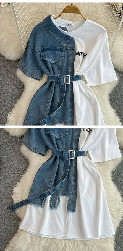 Retro Hong Kong Sle Chic Casual Mid-Length round Ne Patchwork Color Denim irt with Belt Spring New Women's Faion Top