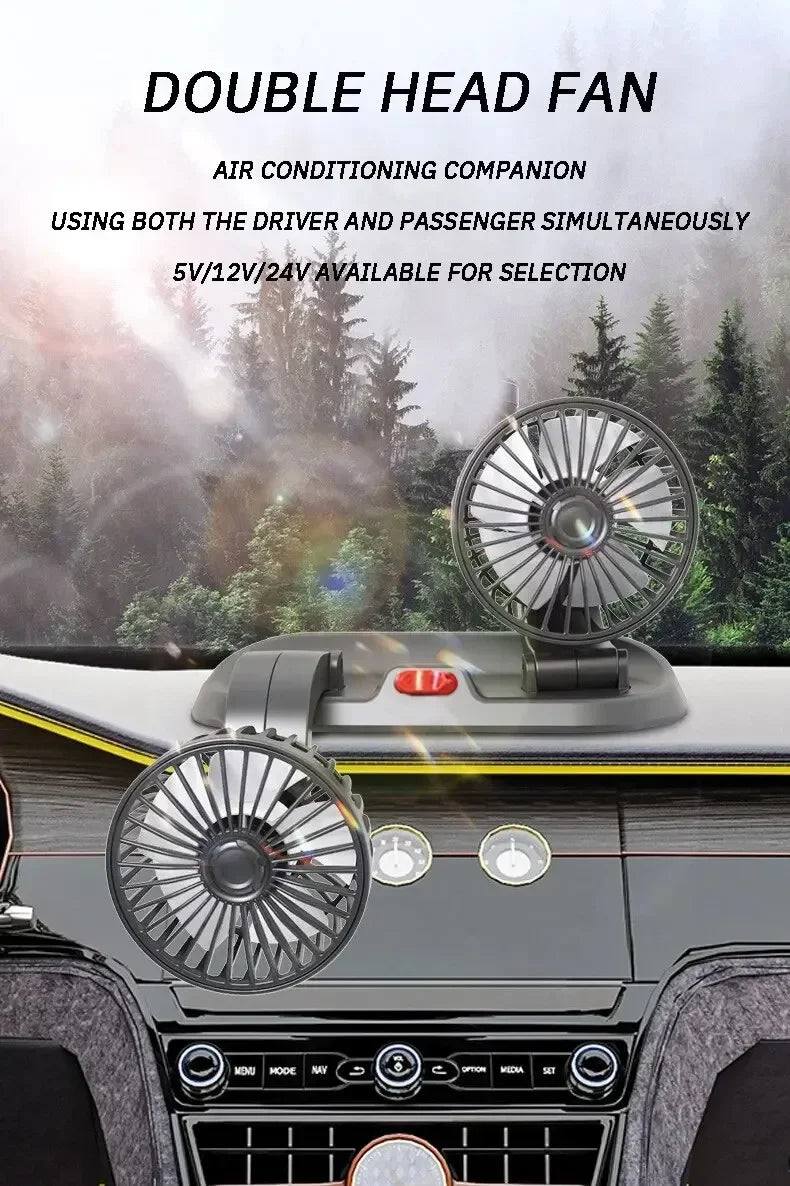 EAFC 5V 12V Car Fan Dual Head Air Cooling Fan 360° Adjustable USB Mini Protable Auto Air Fan Low Noise Car Accessories