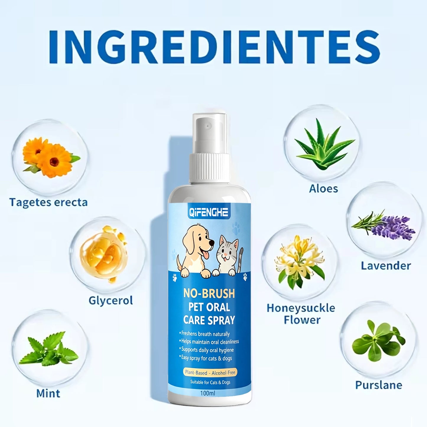 No-Brush Pet Oral Care Spray for Cats & Dogs - Natural Breath Freshener, Alcohol-Free Plant-Based Dental Cleaning Spray for Pet