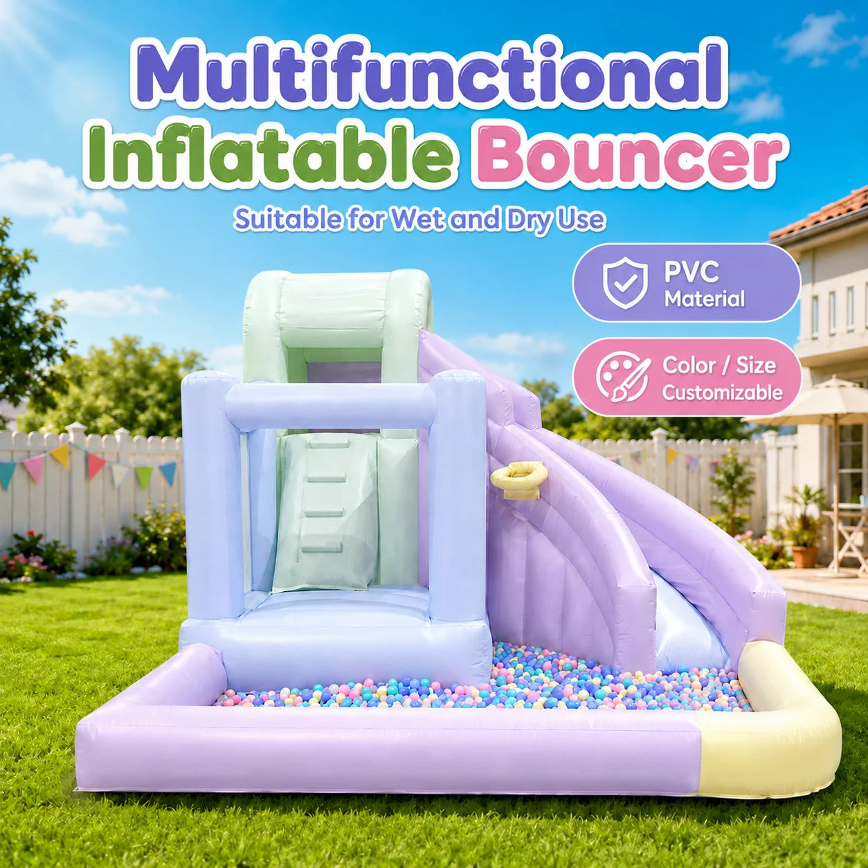 Pastel Macaron Inflatable Bouncer with Water Slide and Ball Pit PVC Wet Dry Bouncy Castle with Basketball Hoop for Kids Party