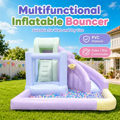 Pastel Macaron Inflatable Bouncer with Water Slide and Ball Pit PVC Wet Dry Bouncy Castle with Basketball Hoop for Kids Party