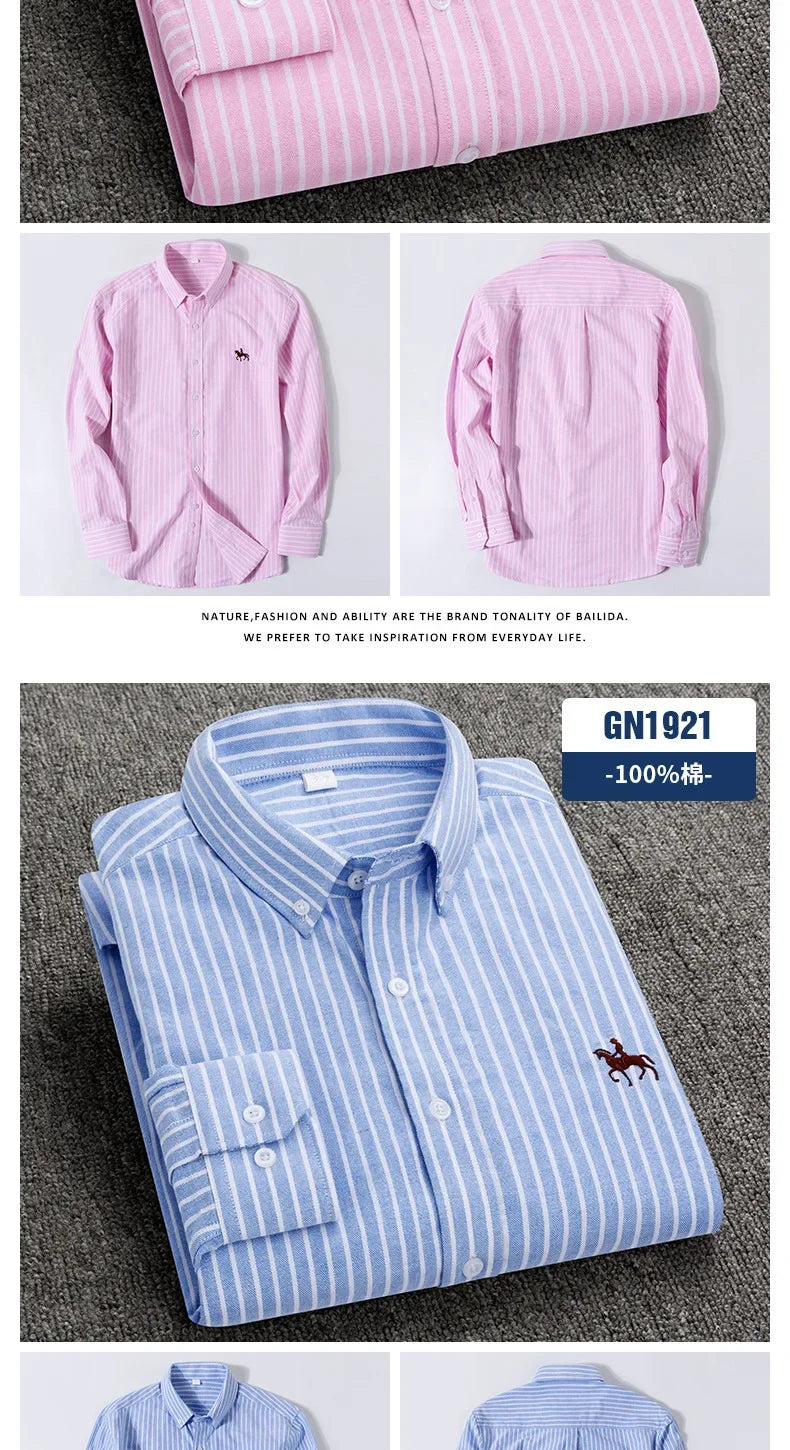 Casual cotton men's shirt slim fit horse logo bottom inch shirt Oxford spinning long sleeved striped shirt