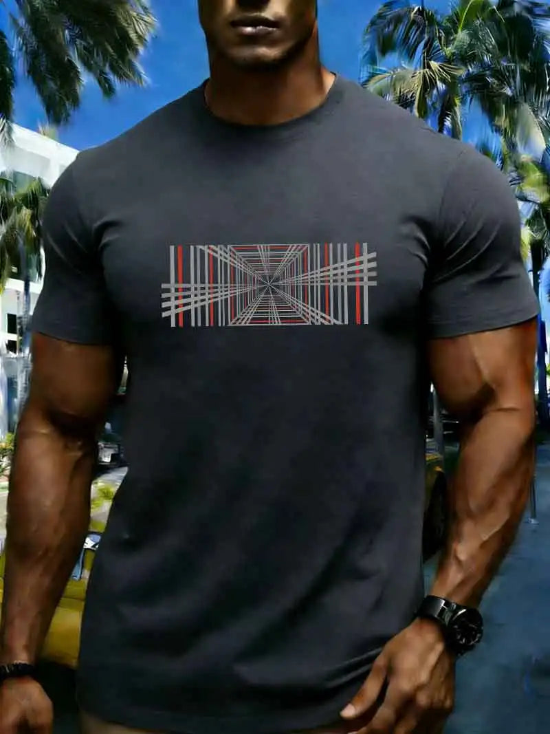 Summer men's 100% pure cotton casual fashionable loose retro compass mountain pattern printed round neck short sleeved T-shirt