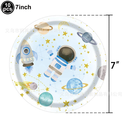 Blue Planet Astronaut Space Disposable Tableware Kids Birthday Table Decorations Paper Plate Cup Napkin Astronaut Rocket Balloon