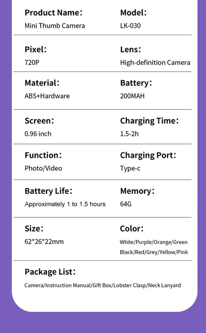Ourlife Digital Camera 180° Flip Screen Selfile Keychain Camera Retro Support Memory Card HD Very Small Camcorder Video Recorder
