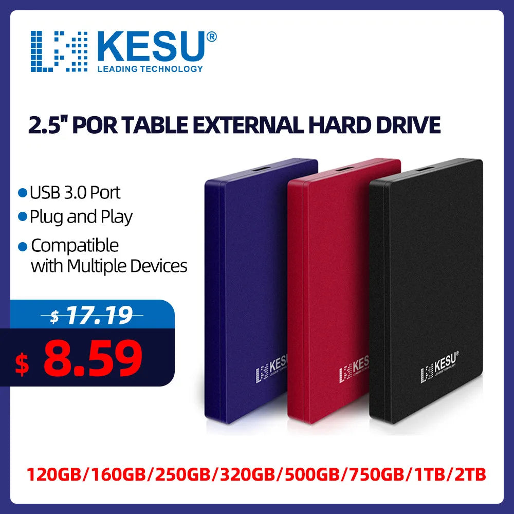 KESU HDD 2.5" Portable External Hard Drive 2TB/1TB/500GB/750GB USB3.0 Disk Memory for PC Tablets PS4 Notebook Desktop Computer