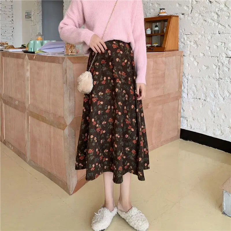 Women Floral Corduroy Midi Skirt High Waist A Line Printed Swing Long Skirt For Spring Autumn
