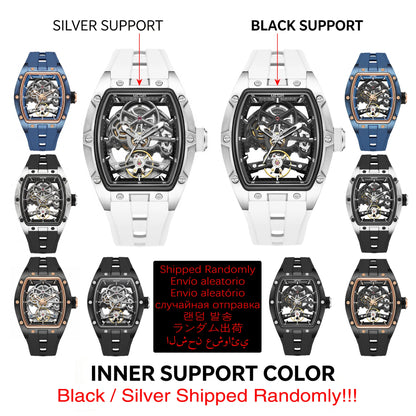 MEGIR Tonneau Skeleton Mechanical Watch Men Sport Wristwatch Silicone Strap Luxury Hollow Dial Male Automatic Mechanical Watches