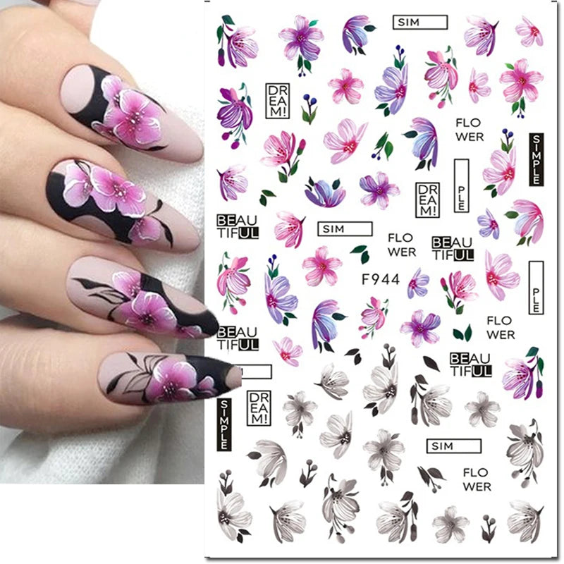 3d Nail Art Decals Elegant White RoyalBlue Roses Flowers Adhesive Sliders Nail Stickers Decoration For Nail Manicure