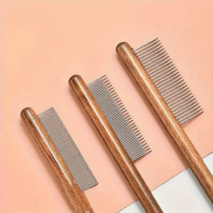1Pc Cat and Dog Pet Grooming Comb - Stainless Steel Teeth, Wooden Handle, Suitable for Long and Short Hair, Durable Pet Grooming Tool, Removes Lice