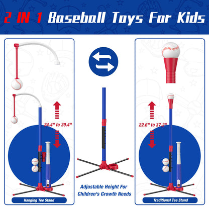 3 In 1 Kids Baseball Toy Set, With Hanging Ball Holder/Standing T-BALL/Auto Launcher/6 Baseballs, Adjustable Height Baseball Set Indoor Outdoor Sports Gift Toy Birthday Halloween Christmas Gift